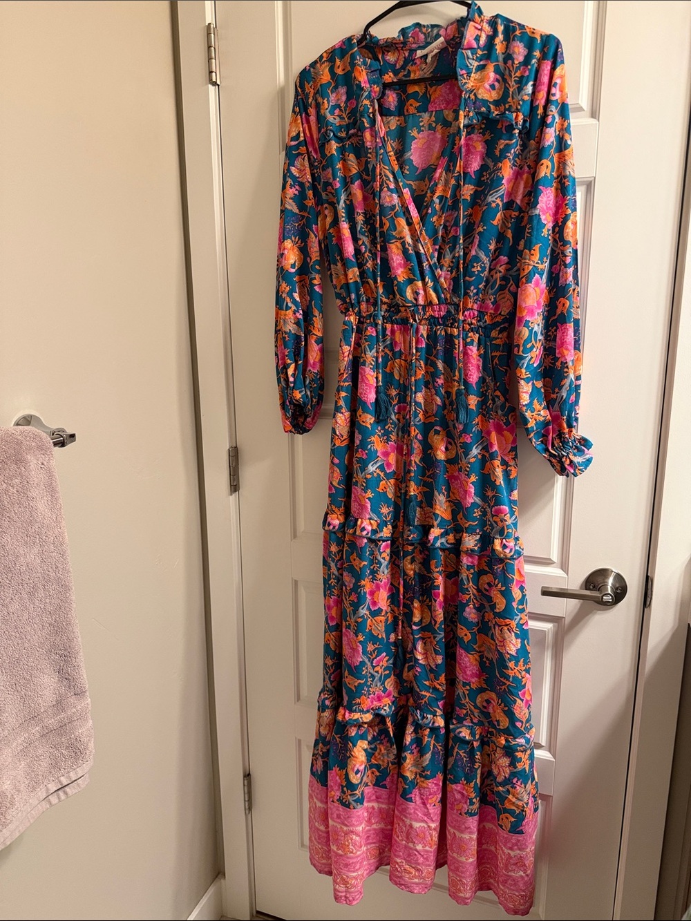 Teal Floral V-Neck Tiered Maxi Dress with Pink and Orange Accents